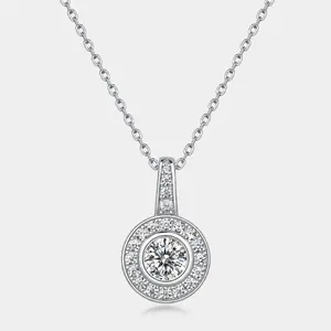925 Sterling Silver Moissanite Pendant Necklace For Women Round Halo Inlaid Sparkling Colorless Gemstone Wedding Jewelry Gift