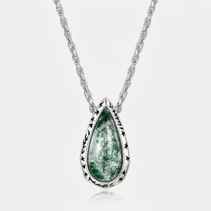 Natural Moss Agate Water Drop Pendant Necklace For Women 925 Sterling Silver Clavicle Chain Vintage Elegant Commuting Jewelry