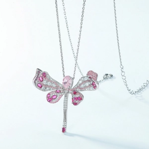 Pendentif libellule en argent S925 avec diamants roses et pierres multicolores scintillantes