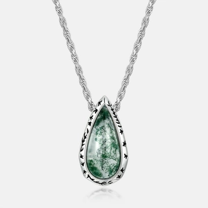 Natural moss agate teardrop necklace in S925 sterling silver with vintage floral pattern