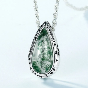 Natural moss agate teardrop necklace in S925 sterling silver with branch pattern engraving