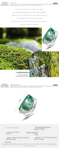 Macro view of S925 sterling silver ring with natural green moss agate and dimensions