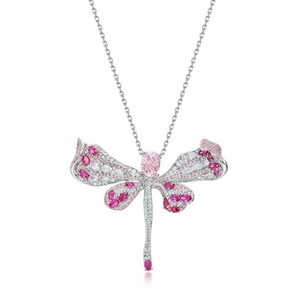 Collier libellule en argent S925 avec diamants roses et cristaux pavés étincelants