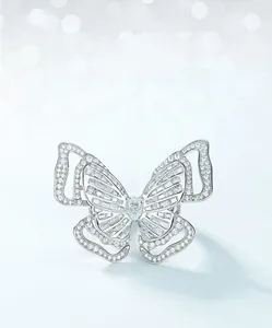 Macro shot of S925 silver butterfly ring featuring high-carbon diamonds and micro-pave setting