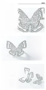 Detailed macro shot of S925 silver butterfly ring with high carbon diamond setting