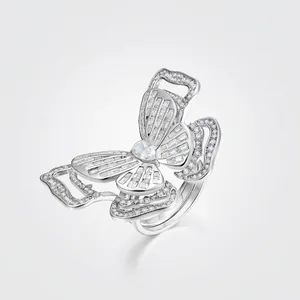 Luxury 925 Sterling Silver Butterfly Ring For Women Pave Rhinestone Sparkling Animal Shaped Finger Ring Fashion Jewelry Gift