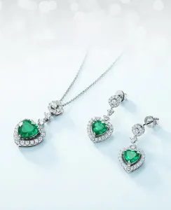 Detailed view of heart-cut lab emerald necklace and S925 silver earrings set