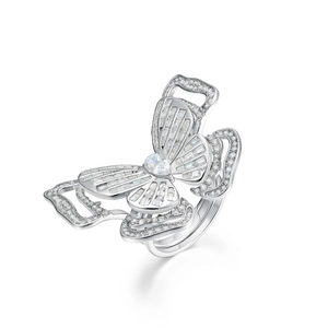 Elegant S925 silver butterfly ring with micro-paved cubic zirconia on white background