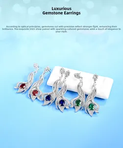 Detail of S925 silver vintage leaf earrings with red blue and green lab-grown gemstones