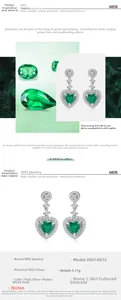 Detail of S925 silver heart-shaped drop earrings featuring 1.38ct lab-grown emeralds
