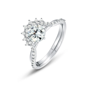 Set di anelli moissanite in argento S925 con solitario tondo e fascia a corona