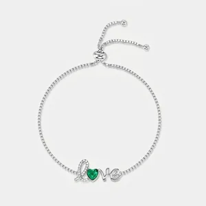 925 Sterling Silver Love Heart Lab-Created Emerald Bracelet For Women Adjustable Bolo Bracelet Zirconia Rhinestone Jewelry