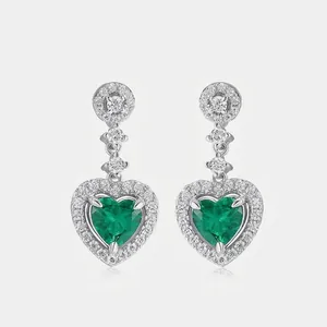 Vintage 925 Sterling Silver Heart Dangle Earrings With Lab-Created Emerald Zirconia Elegant Jewelry For Women Anniversary Gift