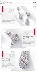 Detailed close-up of S925 sterling silver drop earrings with white zircon paving