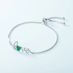S925 silver love heart emerald bracelet with adjustable sliding box chain for women