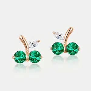 Vintage 925 Sterling Silver Cherry Stud Earrings With Lab Grown Emerald And Zirconia Rose Gold Plated Fruit Jewelry For Women