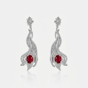 Vintage 925 Sterling Silver Leaf Drop Earrings For Women With Lab Created Ruby Sapphire Emerald Luxurious Wedding Jewelry
