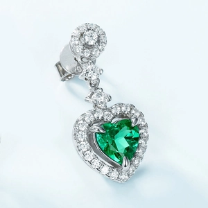 S925 silver heart emerald drop earrings with sparkling halo and silver prong setting