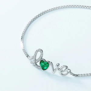 S925 silver Love bracelet with emerald heart stone and pave cubic zirconia accents