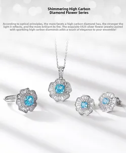 Detailed close-up of light blue floral jewelry set in S925 silver with sparkling crystals