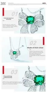 Macro detail of S925 silver butterfly necklace with emerald-cut green stone and pavé gems