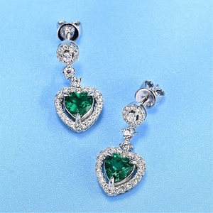 Luxury S925 silver heart emerald drop earrings with sparkling pavé-set crystals