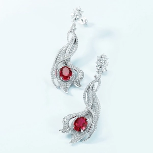 Vintage style hollow leaf drop earrings with red oval gemstones and S925 silver finish
