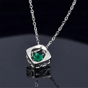 Elegant S925 silver necklace with square hollow pendant and round green emerald gemstone