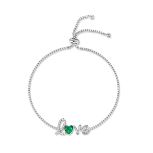 S925 silver love bolo bracelet featuring heart-shaped emerald and pavé-set zircons