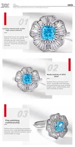 Macro detail of sky blue flower ring with S925 silver setting and sparkling stones