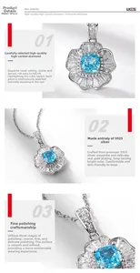 Macro details of S925 silver flower pendant with blue main stone and manual inlay craft