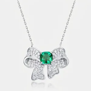 925 Sterling Silver Butterfly Bow Pendant Necklace With Lab Created Emerald Ruby Square Rhinestone Inlaid Commuter Jewelry For Women