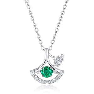 Collier en argent S925 en forme d'éventail avec pendentif émeraude verte et zircons blancs
