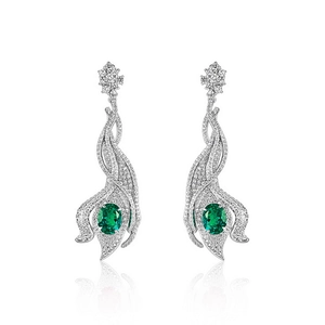 Vintage silver hollow leaf drop earrings with oval green gemstones and small pavé diamonds