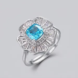 Luxury S925 Sterling Silver Flower Adjustable Open Ring For Women Radiant Sky Blue Zirconia Inlaid Floral Cocktail Ring Jewelry