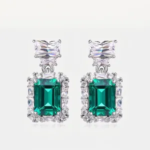 Vintage 925 Sterling Silver Lab-Created Emerald Cut Drop Earrings For Women Halo Rhinestone Luxury Geometric Jewelry