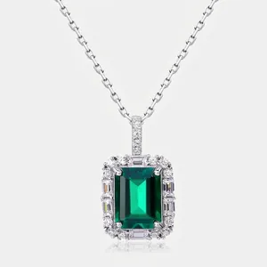 Luxury 925 Sterling Silver Lab-Created Emerald Pendant Necklace For Women Vintage Geometric Zirconia Jewelry Gift