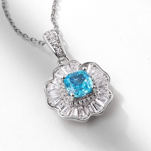 Luxury S925 sterling silver flower pendant with ice-cut blue carbon diamond and halo diamonds