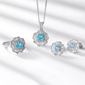 Sparkling S925 silver flower jewelry set with ice-cut blue carbon diamond stones