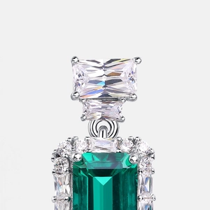 Elegant S925 silver emerald cut green gemstone drop earrings with halo crystals