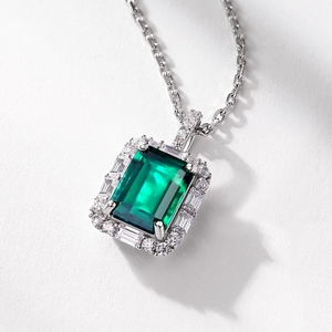 Luxury emerald-cut green gemstone pendant necklace with halo stones in S925 silver