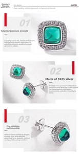 Macro shot of S925 sterling silver emerald earrings with halo setting and polished finish