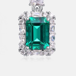 Sparkling S925 silver emerald cut green gemstone drop earrings with double halo stones