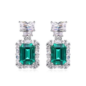 Elegant emerald-cut green gemstone drop earrings in S925 sterling silver with halo diamonds