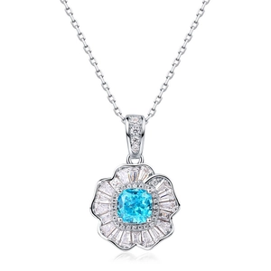 S925 silver flower pendant with sky blue square carbon diamond and radiant petal design