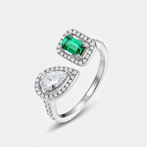 Vintage 925 Sterling Silver Lab-Grown Emerald Open Ring Geometric White Gold Plated Zirconia Adjustable Finger Ring For Women