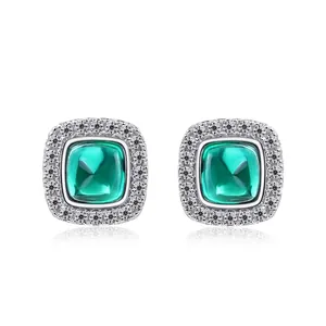 Vintage 925 Sterling Silver Lab-Created Emerald Stud Earrings For Women Square Zirconia Halo Geometric Luxury Jewelry Gift
