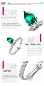 Macro shot of S925 silver ring with pear-cut emerald and hand-set pave diamonds