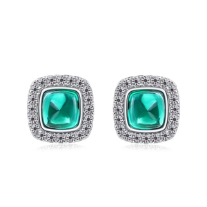 Elegant S925 silver stud earrings featuring emerald sugarloaf cut stones with halo diamonds