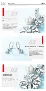 Detailed close-up of S925 sterling silver snowflake earrings with white shell pearls
